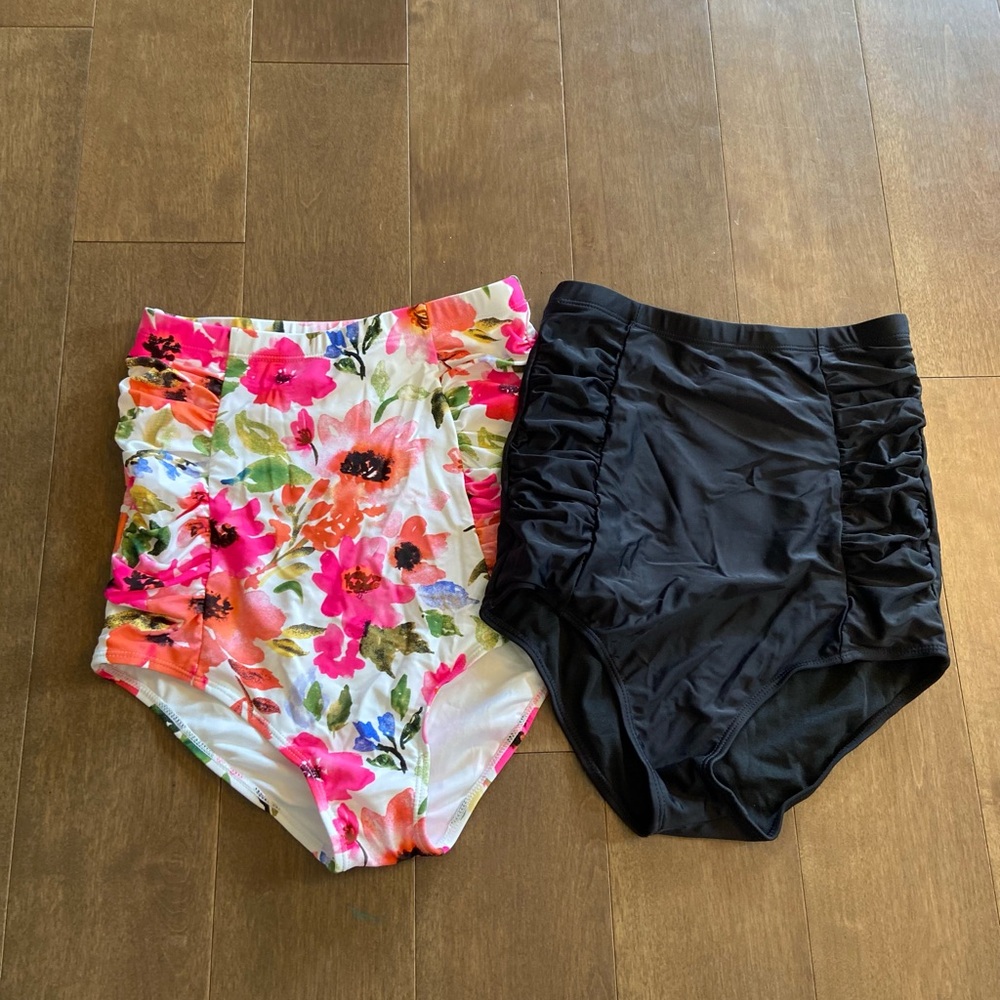Coral Reef Set of 2 Floral and Black High-Waisted Swim Bottoms